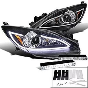 mazda 3 jdm black led drl strip projector headlights w/ 6 led fog drl