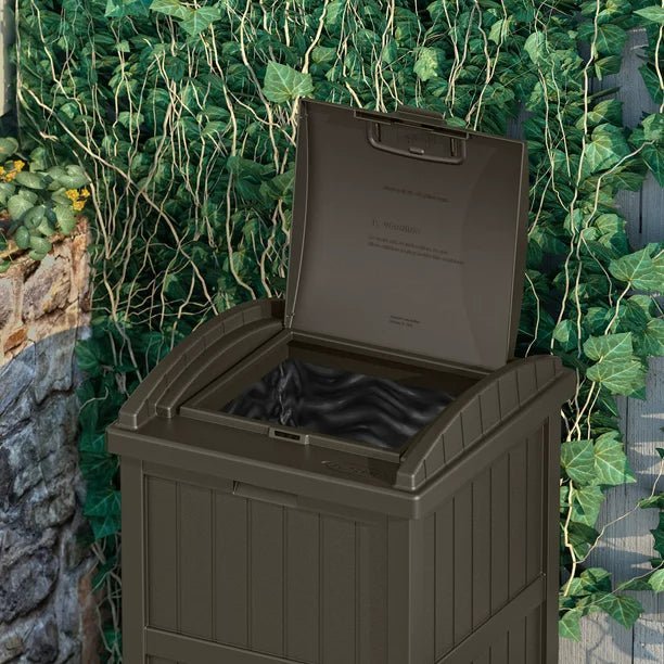 suncast gh1732j trashcan hideaway outdoor garbage waste bin, java, 33 gallon suncast gh1732j trashcan hideaway outdoor garbage waste bin, java, 33 gallon