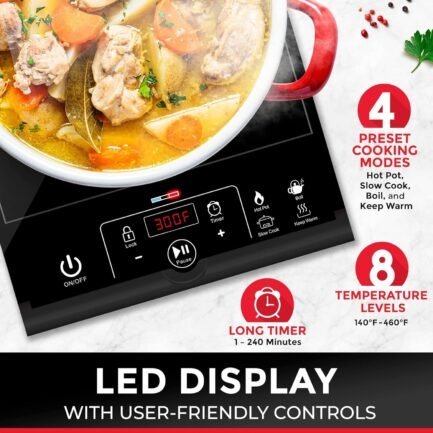 rapidtherm portable induction cooktop hot plate countertop burner 1800w, 8 temp levels, timer, auto shut off, touch panel, led display, auto pot detection, child safety lock, 4 preset programs rapidtherm portable induction cooktop hot plate countertop burner 1800w, 8 temp levels, timer, auto shut off, touch panel, led display, auto pot detection, child safety lock, 4 preset programs