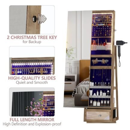 lvsomt 360 swivel jewelry cabinet with lights, standing rotatable jewelry armoire organizer with lock, full length mirror with jewelry storage, brown lvsomt 360 swivel jewelry cabinet with lights, standing rotatable jewelry armoire organizer with lock, full length mirror with jewelry storage, brown
