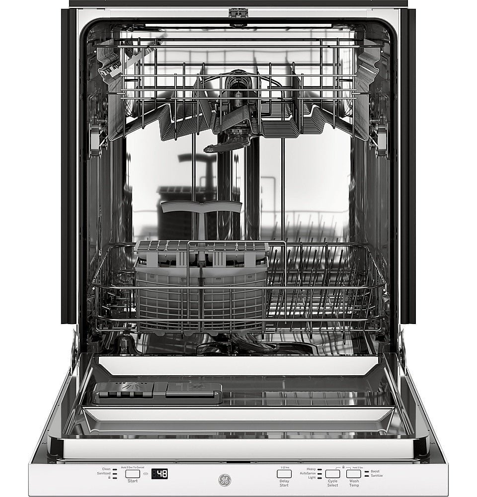 ge – 24″ top control built in dishwasher with autosense cycle, piranha food disposer; 51 dba – white ge – 24″ top control built in dishwasher with autosense cycle, piranha food disposer; 51 dba – white