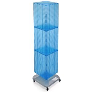 azar displays 701465 blu blue four sided pegboard tower floor display on revolving wheeled base. spinner rack stand. panel size: 14″w x 60″h