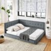 Store full size upholstered tufted bed frame with comfortable backrest and armrests, velvet sofa bed for bedroom or living room, grey (80.5” x 59” x 30.5”)