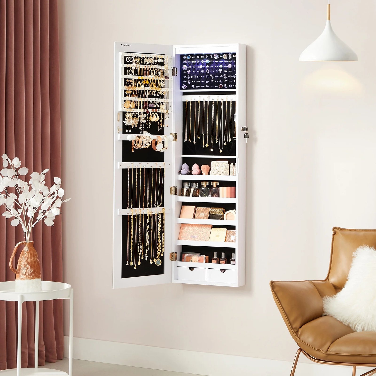songmics hanging mirror jewelry cabinet wall or door mounted jewelry armoires with led interior lights jewelry organizer box holder full length mirror white songmics hanging mirror jewelry cabinet wall or door mounted jewelry armoires with led interior lights jewelry organizer box holder full length mirror white