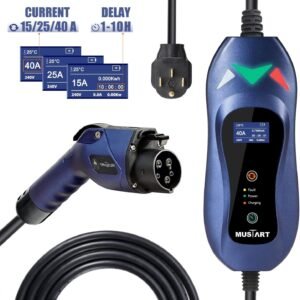 mustart level 2 portable ev charger (240 volt, 25ft cable, 15/25/40 amp adjustable) electric vehicle charger plug in ev charging station with delay function (nema 14 50p)