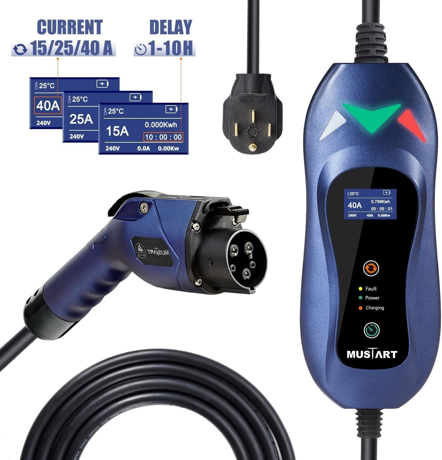 mustart level 2 portable ev charger (240 volt, 25ft cable, 15/25/40 amp adjustable) electric vehicle charger plug in ev charging station with delay function (nema 14 50p) mustart level 2 portable ev charger (240 volt, 25ft cable, 15/25/40 amp adjustable) electric vehicle charger plug in ev charging station with delay function (nema 14 50p)