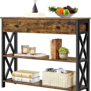console table with drawer, entryway table with 3 tier storage shelves, narrow long sofa table for entryway, living room, hallway, couch, kitchen, metal frame, brown