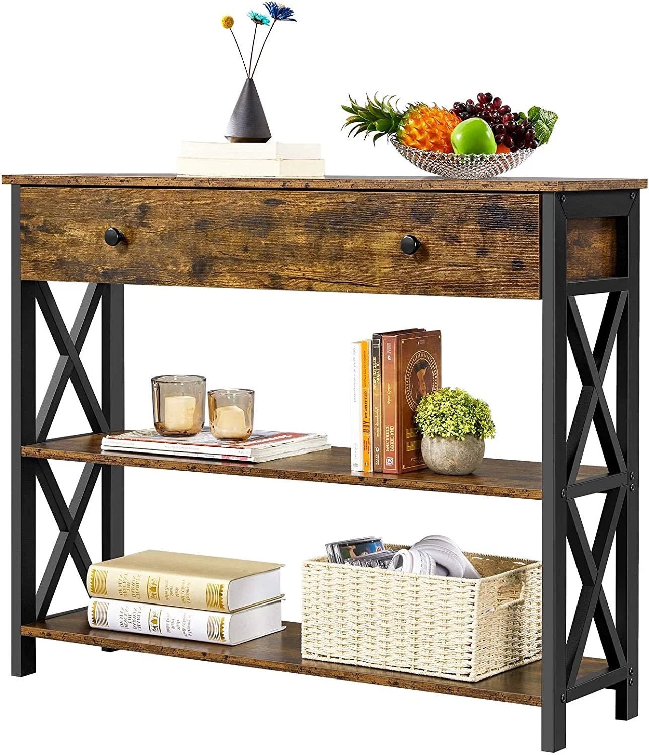 console table with drawer, entryway table with 3 tier storage shelves, narrow long sofa table for entryway, living room, hallway, couch, kitchen, metal frame, brown console table with drawer, entryway table with 3 tier storage shelves, narrow long sofa table for entryway, living room, hallway, couch, kitchen, metal frame, brown