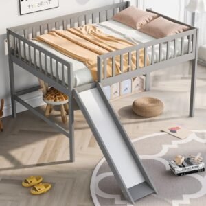 Store gray full size low loft bed with fun ladder and slide for kids‘ bedroom sturdy and stylish design space saving furniture solution for cozy sleep and play area