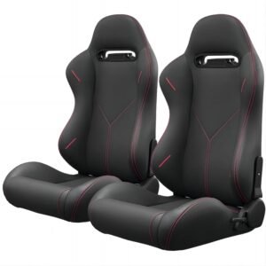 dealtops 2pc universal bucket racing seats red stitch red pvc leather reclinable carbon look leather back with adjustor slider(not including seat bracket )
