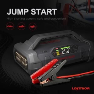 lokithor jump starter 2000amp 20000mah 12v car battery booster pack for upto 8l gas or 6l diesel, 150 psi air compressor with damping technology,portable power bank with handle bar and emergency light