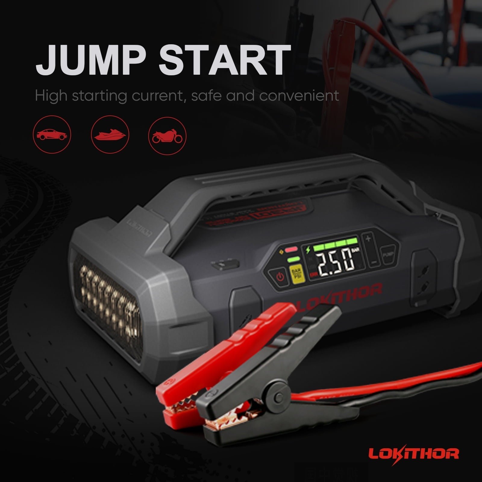 lokithor jump starter 2000amp 20000mah 12v car battery booster pack for upto 8l gas or 6l diesel, 150 psi air compressor with damping technology,portable power bank with handle bar and emergency light lokithor jump starter 2000amp 20000mah 12v car battery booster pack for upto 8l gas or 6l diesel, 150 psi air compressor with damping technology,portable power bank with handle bar and emergency light