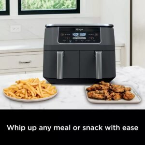 2 independent baskets: the original air fryer with 2 independent baskets, the xl air fryer lets you cook 2 foods, 2 ways, at the same time, eliminating back to back cooking like a traditional single basket air fryer. smart finish & match cook: dualzone technology allows you to choose between the smart finish feature, which unlocks cooking 2 foods 2 ways that finish at the same time, and the and a match cook button to easily copy settings across zones for full 8 qt capacity. 6 in 1 functionality: includes 6 versatile cooking programs: air fry, air broil, roast, bake, reheat, and dehydrate. the baskets can be washed in the dishwasher or by hand. xl capacity: the 8 quart air fryer capacity lets you fit mains and sides at the same time for making quick family meals, or up to 4 lbs. of french fries or chicken wings. separate heating zones: 2 independent 4 quart zones have their own cooking baskets, cyclonic fans, and rapid heaters. easy cleaning: easy to clean baskets and dishwasher safe crisper plates. less fat: up to 75% less fat than traditional air frying methods. tested against hand cut, deep fried french fries.