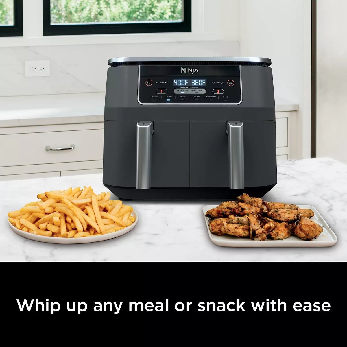 2 independent baskets: the original air fryer with 2 independent baskets, the xl air fryer lets you cook 2 foods, 2 ways, at the same time, eliminating back to back cooking like a traditional single basket air fryer. smart finish & match cook: dualzone technology allows you to choose between the smart finish feature, which unlocks cooking 2 foods 2 ways that finish at the same time, and the and a match cook button to easily copy settings across zones for full 8 qt capacity. 6 in 1 functionality: includes 6 versatile cooking programs: air fry, air broil, roast, bake, reheat, and dehydrate. the baskets can be washed in the dishwasher or by hand. xl capacity: the 8 quart air fryer capacity lets you fit mains and sides at the same time for making quick family meals, or up to 4 lbs. of french fries or chicken wings. separate heating zones: 2 independent 4 quart zones have their own cooking baskets, cyclonic fans, and rapid heaters. easy cleaning: easy to clean baskets and dishwasher safe crisper plates. less fat: up to 75% less fat than traditional air frying methods. tested against hand cut, deep fried french fries. 2 independent baskets: the original air fryer with 2 independent baskets, the xl air fryer lets you cook 2 foods, 2 ways, at the same time, eliminating back to back cooking like a traditional single basket air fryer. smart finish & match cook: dualzone technology allows you to choose between the smart finish feature, which unlocks cooking 2 foods 2 ways that finish at the same time, and the and a match cook button to easily copy settings across zones for full 8 qt capacity. 6 in 1 functionality: includes 6 versatile cooking programs: air fry, air broil, roast, bake, reheat, and dehydrate. the baskets can be washed in the dishwasher or by hand. xl capacity: the 8 quart air fryer capacity lets you fit mains and sides at the same time for making quick family meals, or up to 4 lbs. of french fries or chicken wings. separate heating zones: 2 independent 4 quart zones have their own cooking baskets, cyclonic fans, and rapid heaters. easy cleaning: easy to clean baskets and dishwasher safe crisper plates. less fat: up to 75% less fat than traditional air frying methods. tested against hand cut, deep fried french fries.