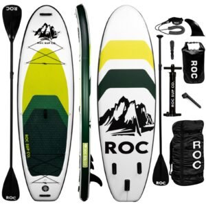roc inflatable stand up paddle board with premium sup accessories and backpack�� non slip deck�� waterproof bag�� leash�� paddle and hand pump
