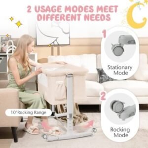 Store baby joy bassinet bedside sleeper, 3 in 1 folding crib w/adjustable height, mattress, lockable wheels, storage pocket & carry bag for infant newborn, stationary & rock, portable baby bassinet (beige)