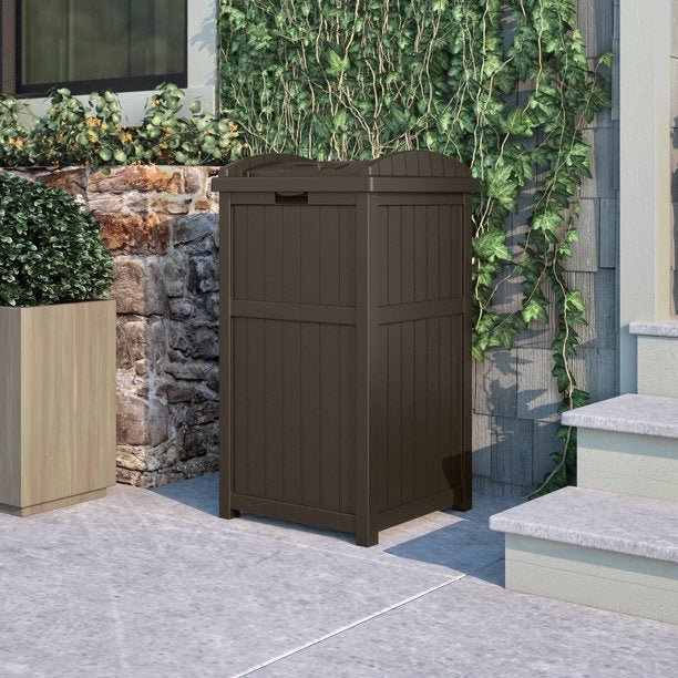 suncast gh1732j trashcan hideaway outdoor garbage waste bin, java, 33 gallon suncast gh1732j trashcan hideaway outdoor garbage waste bin, java, 33 gallon