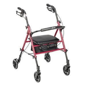 drive medical adjustable height aluminum frame rollator with 6 inch casters, red