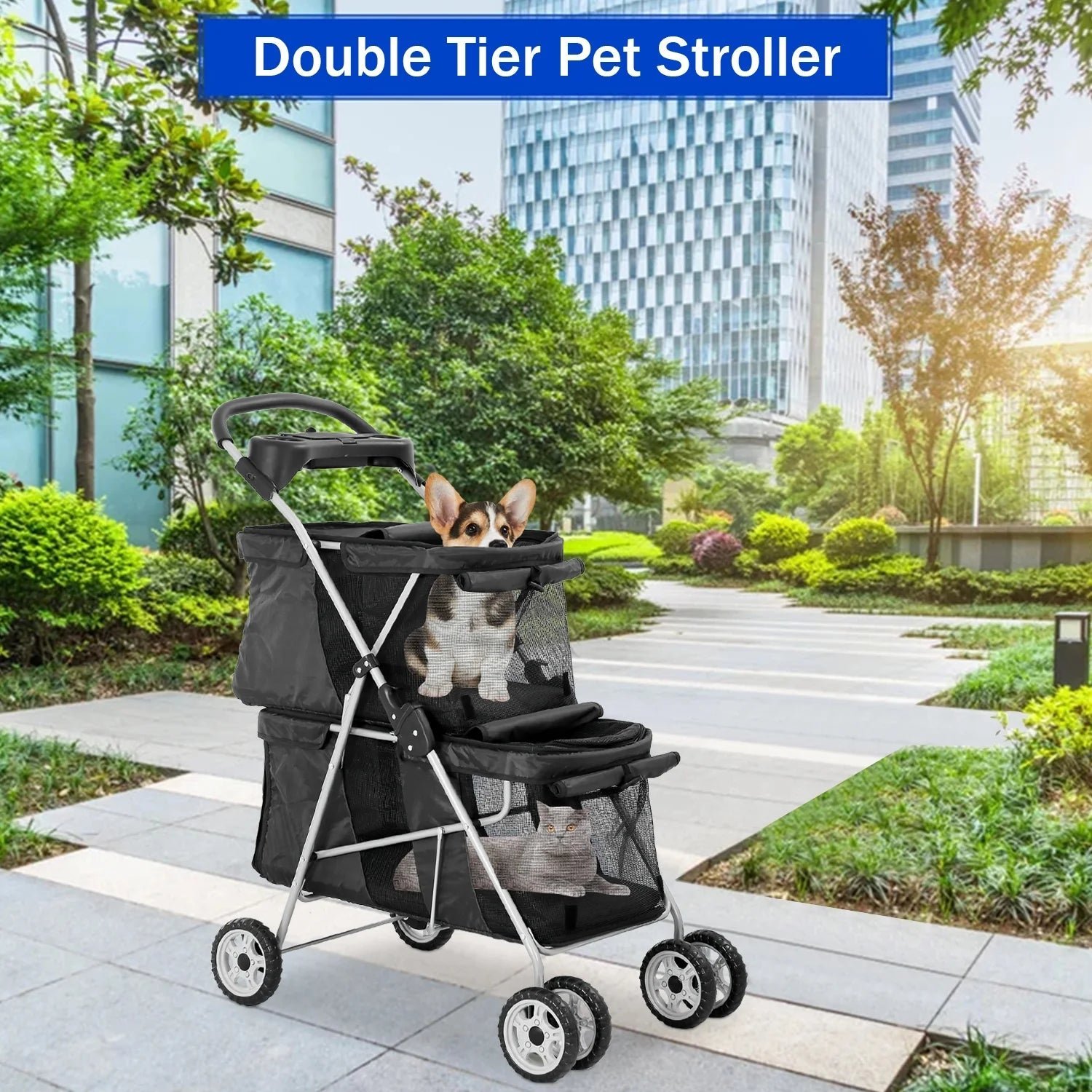 4 wheels pet stroller dog cat stroller, foldable 2 cages strollers kitten puppy carriages w/cup holders soft pad for small medium dogs cats (black) 4 wheels pet stroller dog cat stroller, foldable 2 cages strollers kitten puppy carriages w/cup holders soft pad for small medium dogs cats (black)