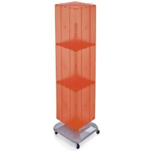 azar displays 701465 org orange four sided pegboard tower floor display on revolving wheeled base. spinner rack stand. panel size: 14″w x 60″h