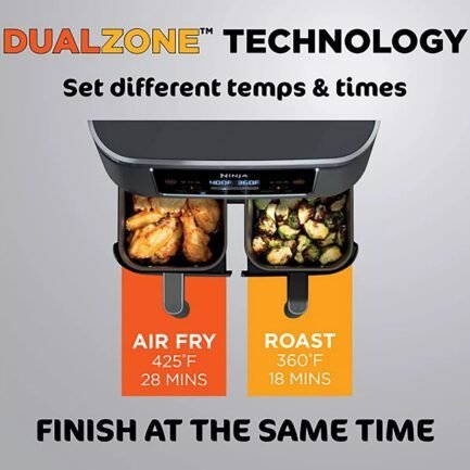 2 independent baskets: the original air fryer with 2 independent baskets, the xl air fryer lets you cook 2 foods, 2 ways, at the same time, eliminating back to back cooking like a traditional single basket air fryer. smart finish & match cook: dualzone technology allows you to choose between the smart finish feature, which unlocks cooking 2 foods 2 ways that finish at the same time, and the and a match cook button to easily copy settings across zones for full 8 qt capacity. 6 in 1 functionality: includes 6 versatile cooking programs: air fry, air broil, roast, bake, reheat, and dehydrate. the baskets can be washed in the dishwasher or by hand. xl capacity: the 8 quart air fryer capacity lets you fit mains and sides at the same time for making quick family meals, or up to 4 lbs. of french fries or chicken wings. separate heating zones: 2 independent 4 quart zones have their own cooking baskets, cyclonic fans, and rapid heaters. easy cleaning: easy to clean baskets and dishwasher safe crisper plates. less fat: up to 75% less fat than traditional air frying methods. tested against hand cut, deep fried french fries. 2 independent baskets: the original air fryer with 2 independent baskets, the xl air fryer lets you cook 2 foods, 2 ways, at the same time, eliminating back to back cooking like a traditional single basket air fryer. smart finish & match cook: dualzone technology allows you to choose between the smart finish feature, which unlocks cooking 2 foods 2 ways that finish at the same time, and the and a match cook button to easily copy settings across zones for full 8 qt capacity. 6 in 1 functionality: includes 6 versatile cooking programs: air fry, air broil, roast, bake, reheat, and dehydrate. the baskets can be washed in the dishwasher or by hand. xl capacity: the 8 quart air fryer capacity lets you fit mains and sides at the same time for making quick family meals, or up to 4 lbs. of french fries or chicken wings. separate heating zones: 2 independent 4 quart zones have their own cooking baskets, cyclonic fans, and rapid heaters. easy cleaning: easy to clean baskets and dishwasher safe crisper plates. less fat: up to 75% less fat than traditional air frying methods. tested against hand cut, deep fried french fries.