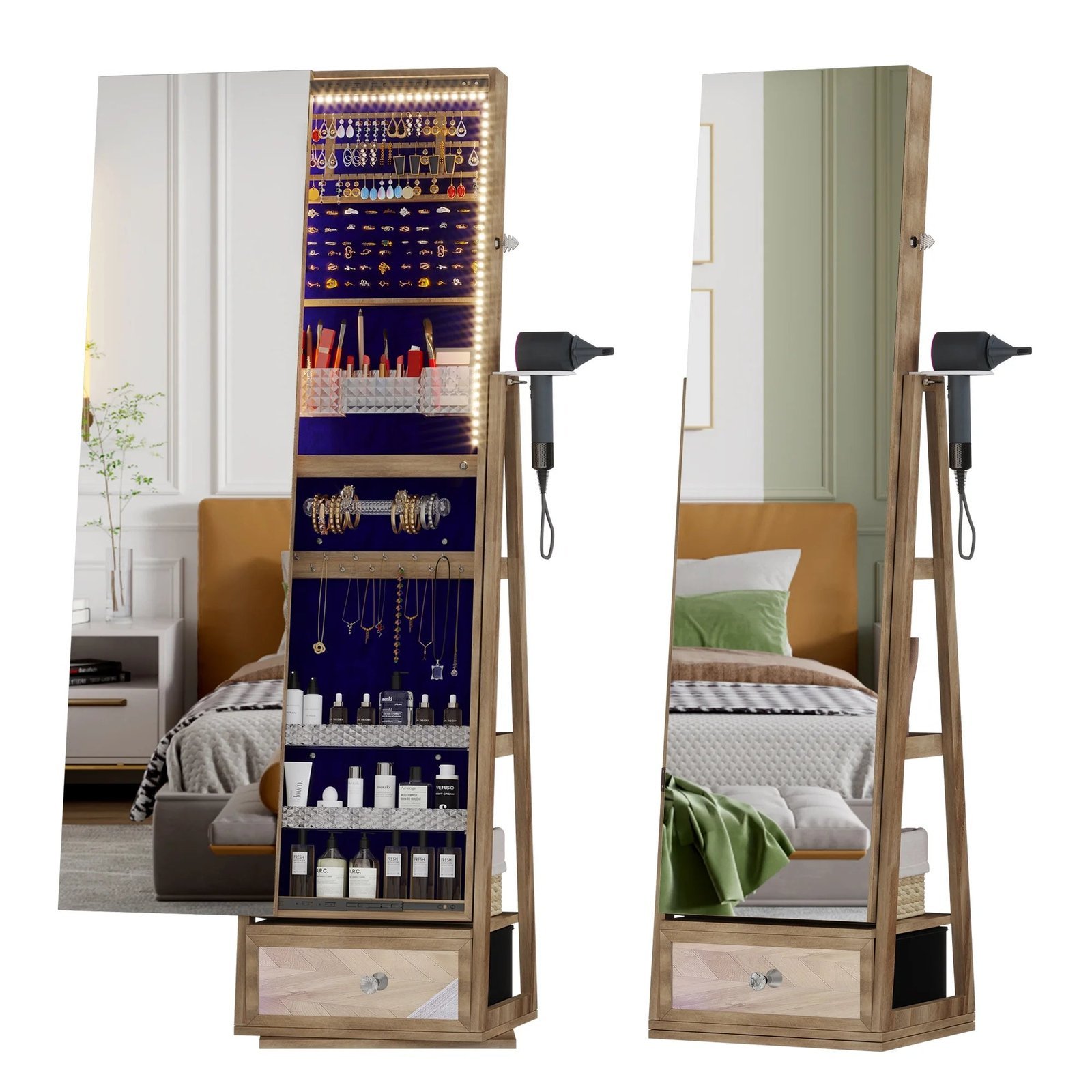 lvsomt 360 swivel jewelry cabinet with lights, standing rotatable jewelry armoire organizer with lock, full length mirror with jewelry storage, brown lvsomt 360 swivel jewelry cabinet with lights, standing rotatable jewelry armoire organizer with lock, full length mirror with jewelry storage, brown
