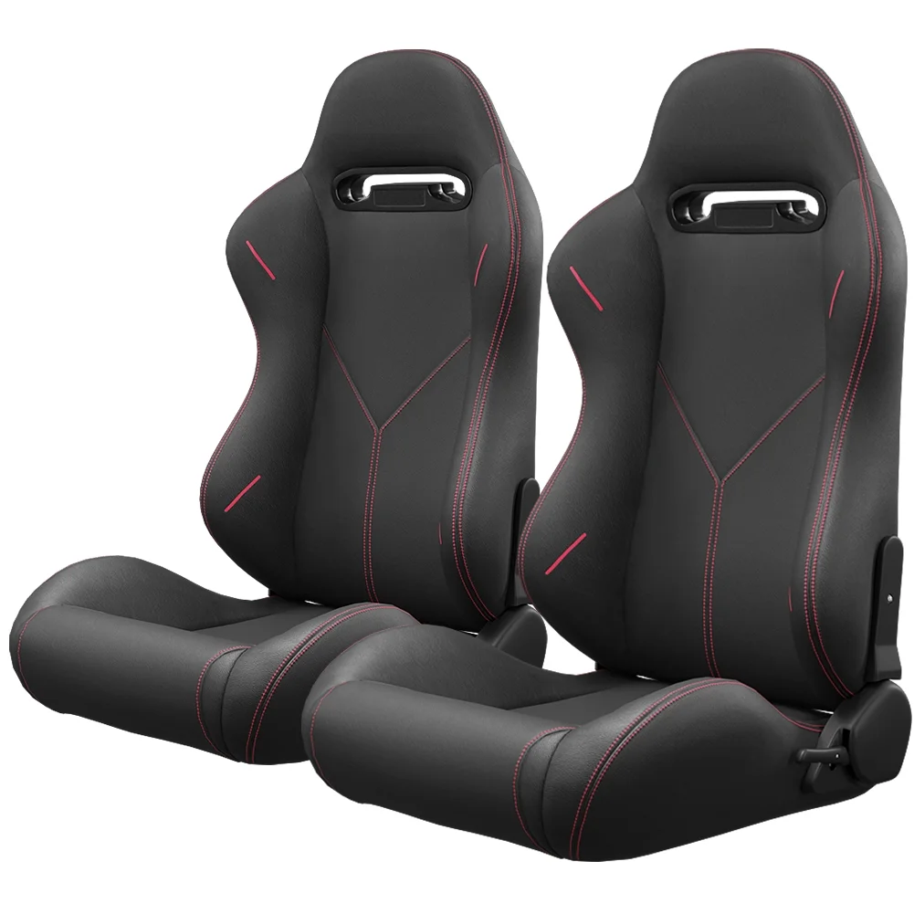2pc universal bucket racing seats red stitch red pvc leather reclinable carbon look leather back with adjustor slider (not including seat bracket ) 2pc universal bucket racing seats red stitch red pvc leather reclinable carbon look leather back with adjustor slider (not including seat bracket )