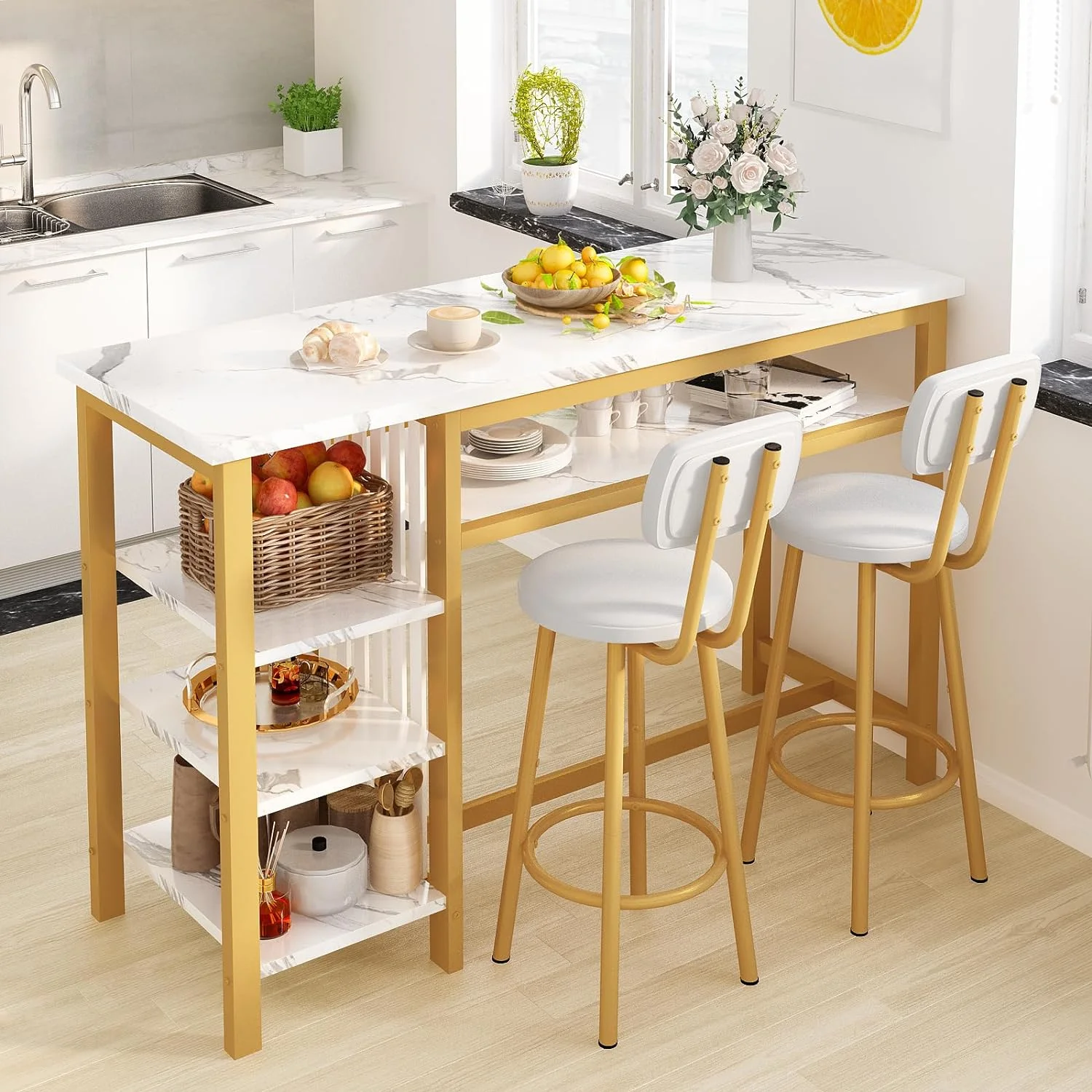 3 piece bar table and chairs set, modern white faux marble table with 2 pu cushion bar stools, kitchen counter with 3 tier storage shelves, space saving table for home & kitchen, gold frame 3 piece bar table and chairs set, modern white faux marble table with 2 pu cushion bar stools, kitchen counter with 3 tier storage shelves, space saving table for home & kitchen, gold frame