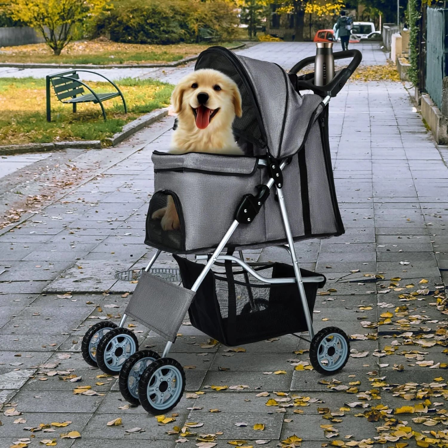 dkelincs pet stroller 4 wheels foldable dog cat stroller travel carrier with storage basket & cup holder, grey dkelincs pet stroller 4 wheels foldable dog cat stroller travel carrier with storage basket & cup holder, grey