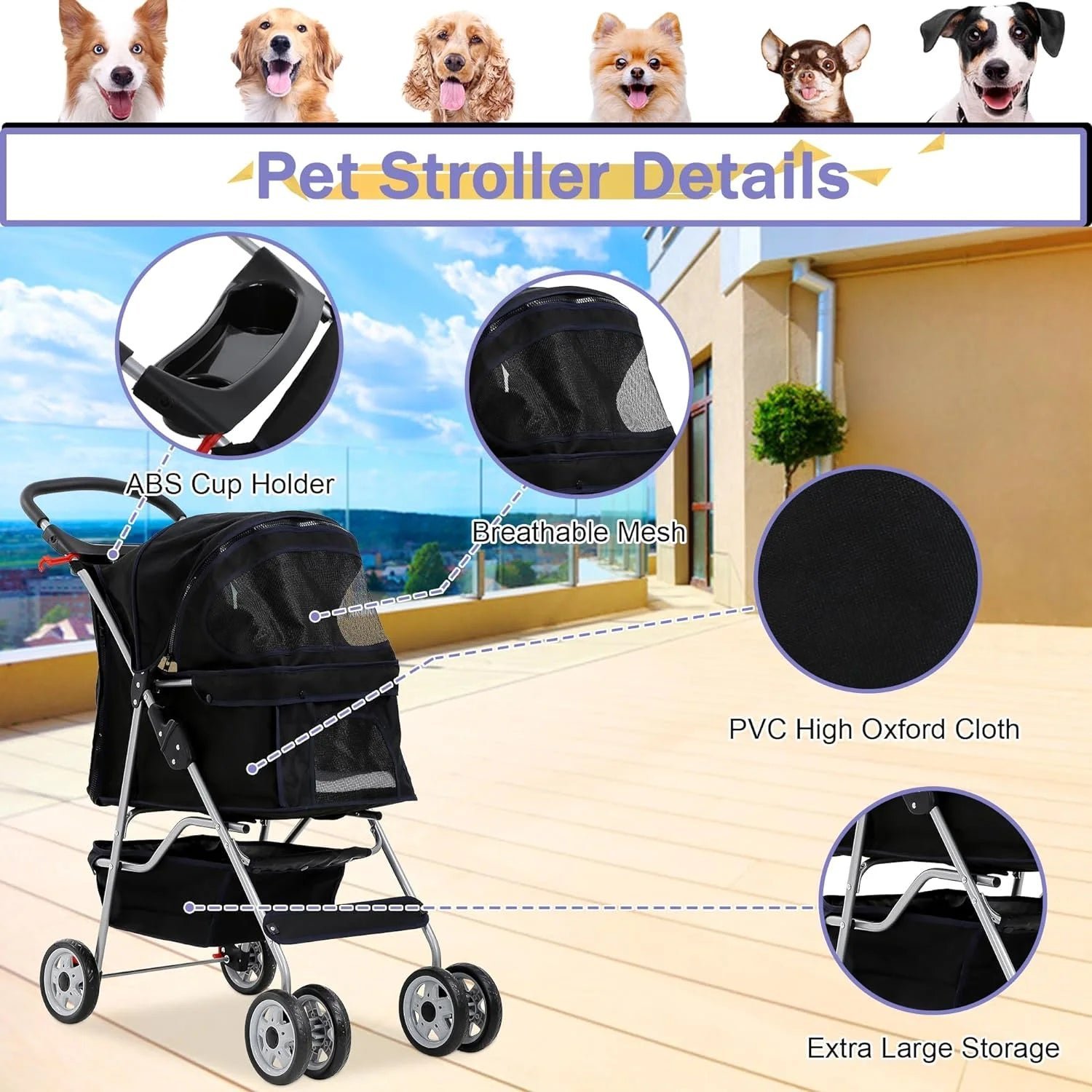 dog stroller folding pet stroller 4 wheels cat stroller foldable stroller waterproof travel carrier strolling cart for puppy jogger stroller w/cup holder & storage basket, black dog stroller folding pet stroller 4 wheels cat stroller foldable stroller waterproof travel carrier strolling cart for puppy jogger stroller w/cup holder & storage basket, black