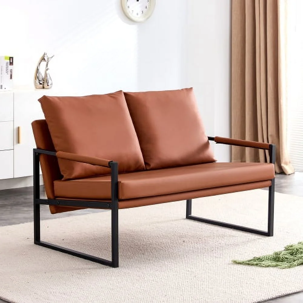 gvjmtkp modern two seater sofa chair with 2 pillows – pu leather high density foam black coated metal frame.brownsf d008 br gvjmtkp modern two seater sofa chair with 2 pillows – pu leather high density foam black coated metal frame.brownsf d008 br
