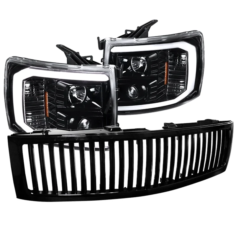spec d tuning led light bar jet black housing clear lens projector headlights + glossy black vertical style grille compatible with 2007 2014 chevrolet silverado left + right pair headlamps assembly spec d tuning led light bar jet black housing clear lens projector headlights + glossy black vertical style grille compatible with 2007 2014 chevrolet silverado left + right pair headlamps assembly