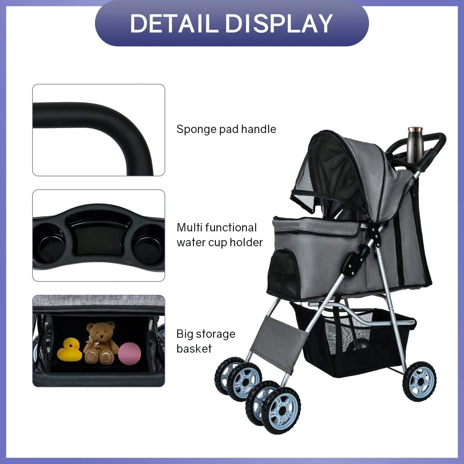 dkelincs pet stroller 4 wheels foldable dog cat stroller travel carrier with storage basket & cup holder, grey dkelincs pet stroller 4 wheels foldable dog cat stroller travel carrier with storage basket & cup holder, grey