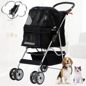 dog stroller folding pet stroller 4 wheels cat stroller foldable stroller waterproof travel carrier strolling cart for puppy jogger stroller w/cup holder & storage basket, black