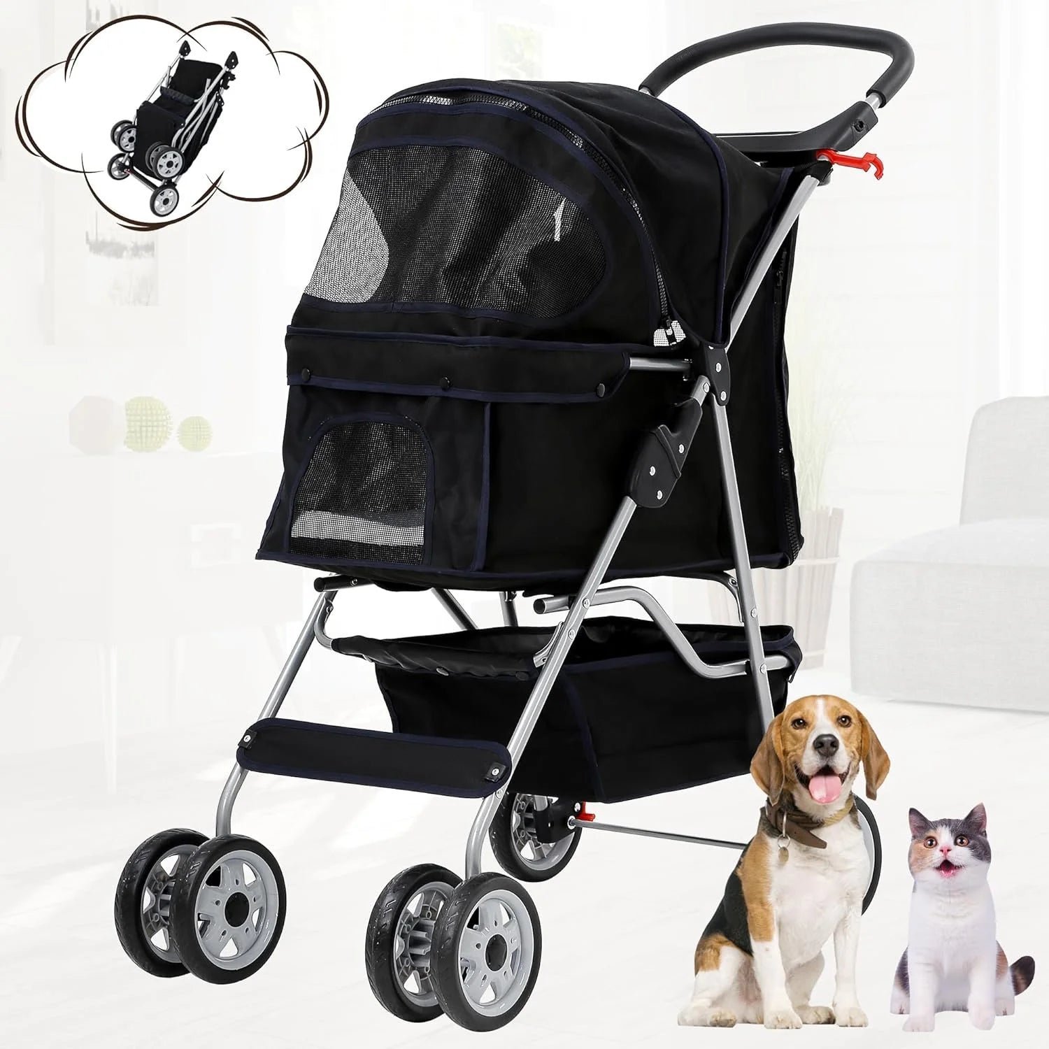 dog stroller folding pet stroller 4 wheels cat stroller foldable stroller waterproof travel carrier strolling cart for puppy jogger stroller w/cup holder & storage basket, black dog stroller folding pet stroller 4 wheels cat stroller foldable stroller waterproof travel carrier strolling cart for puppy jogger stroller w/cup holder & storage basket, black